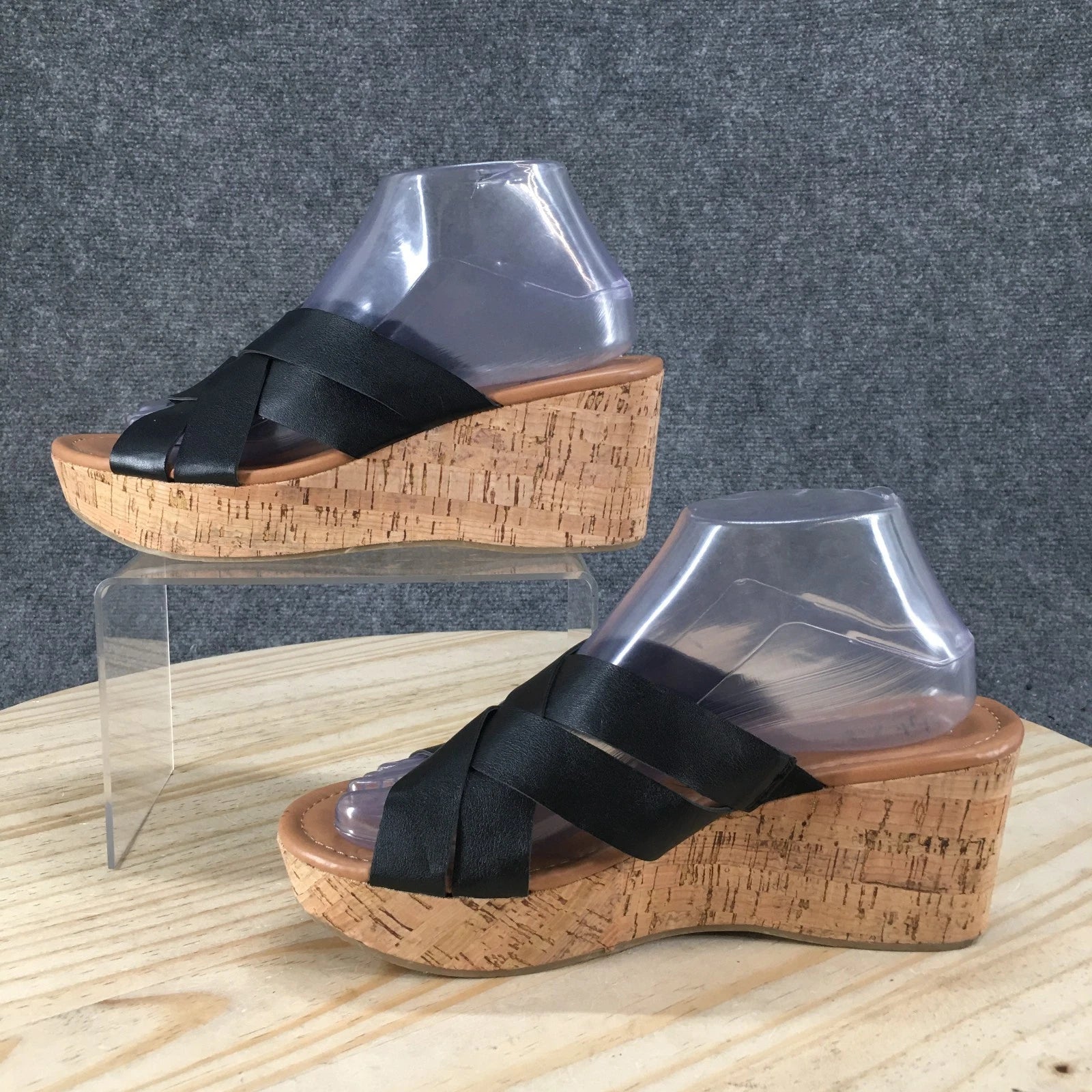 Style & Co. Sandals Womens 8 M Violette Wedge Slides Black Faux Leather Cork NEW