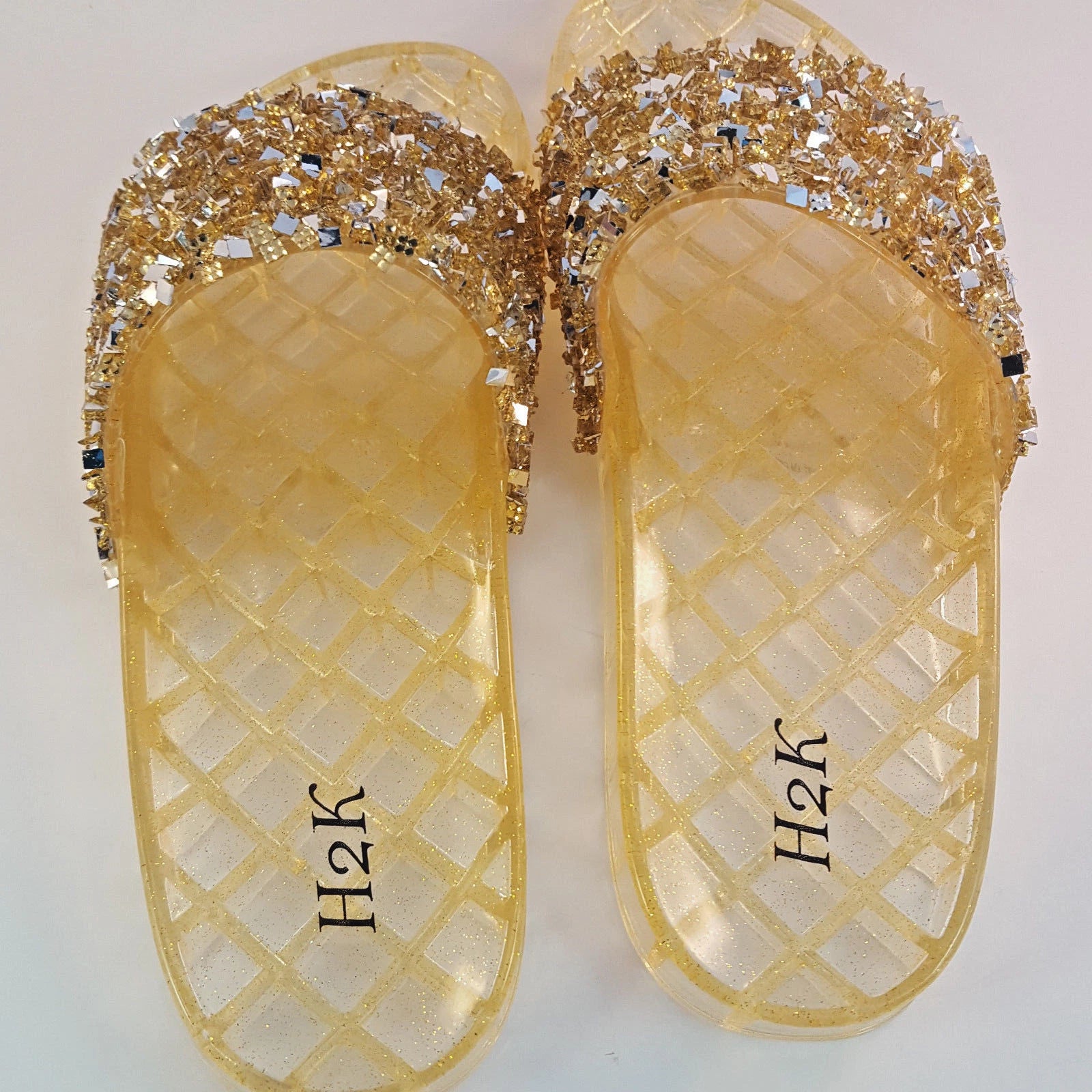 H2K CANDY Gold Color Glitter Beads Fashion Slides Flip Flops Sandals Bling