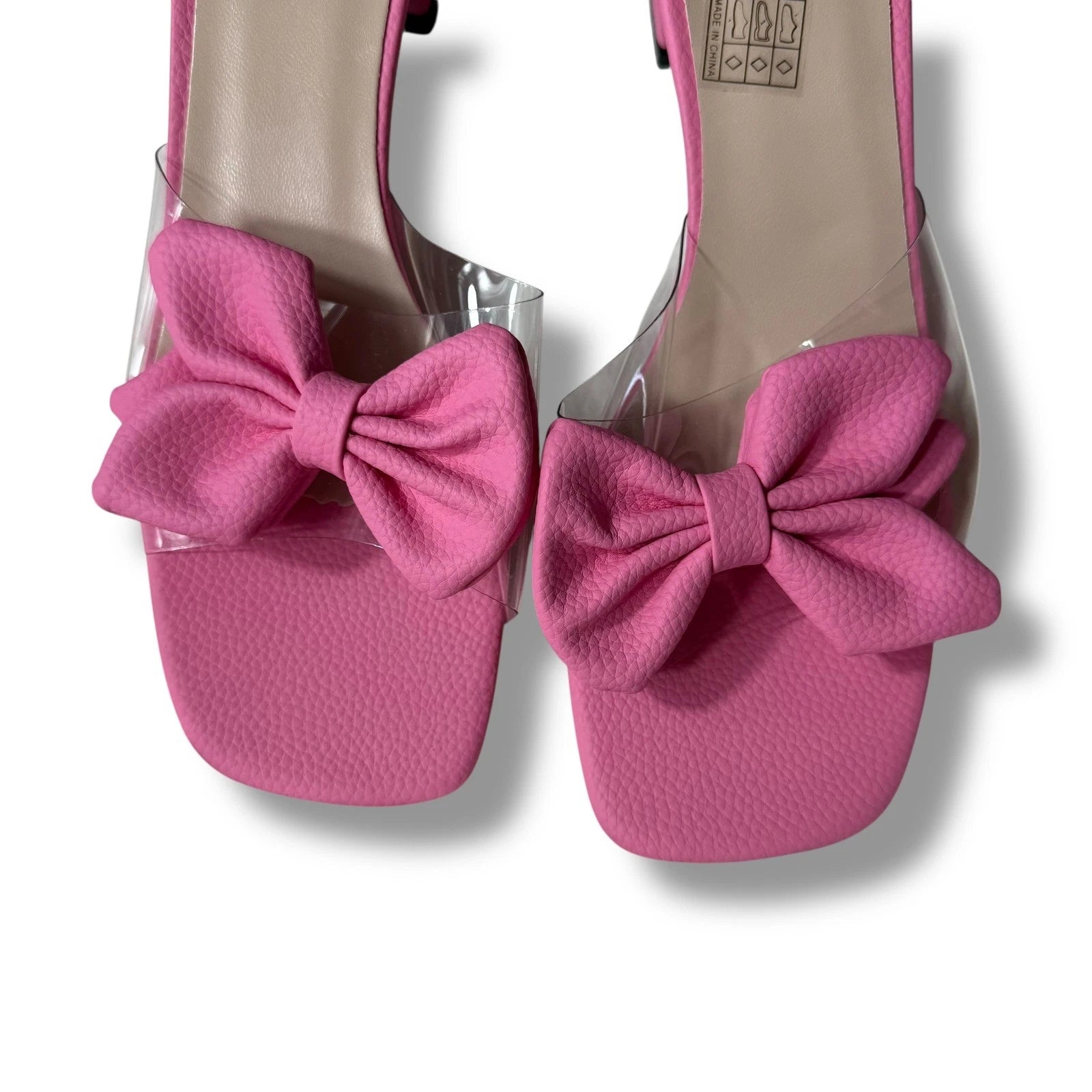 Pink Flower Sandals Slide Clear transparent Strap Block Heels Women's Sz 40/9