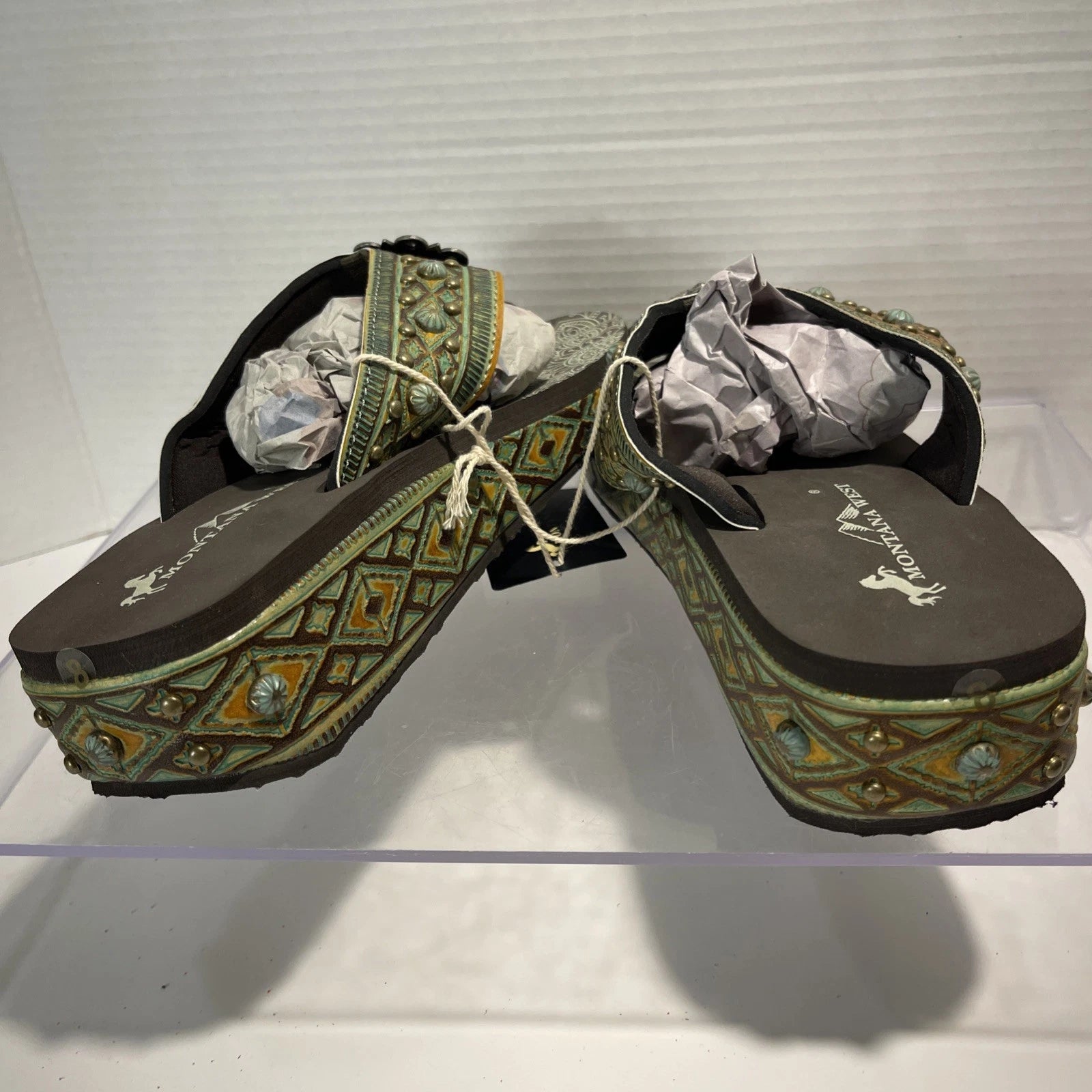 Montana West Green/Brown Embossed Studs Western Style Wedge Sandals Sz8-8.5