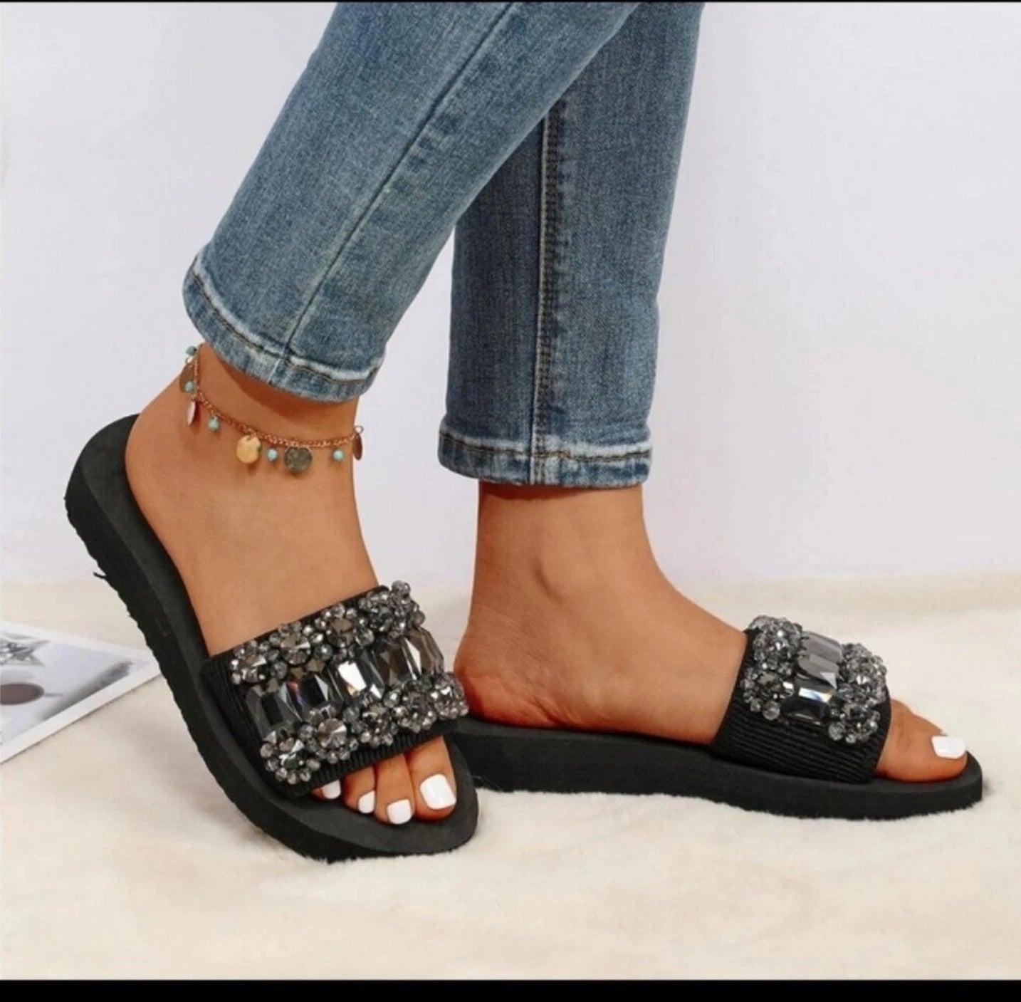 Rhinestone Size 8.5 EU 39 Decor Single Strap Slides, Black Fashionable Sandal