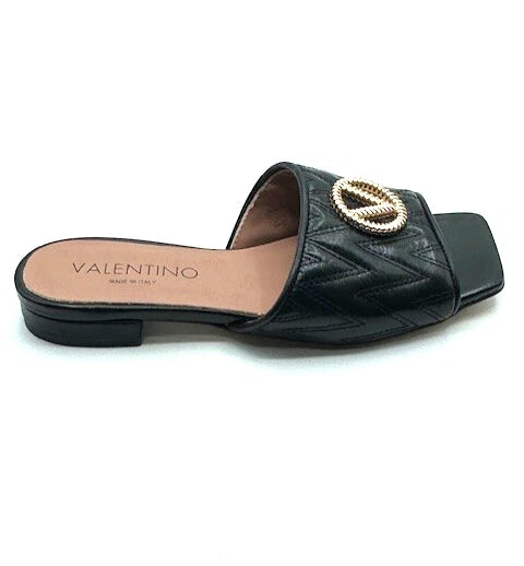 Valentino by Mario Valentino Afrodite Quilted Leather Slide Sandals Black Size 6