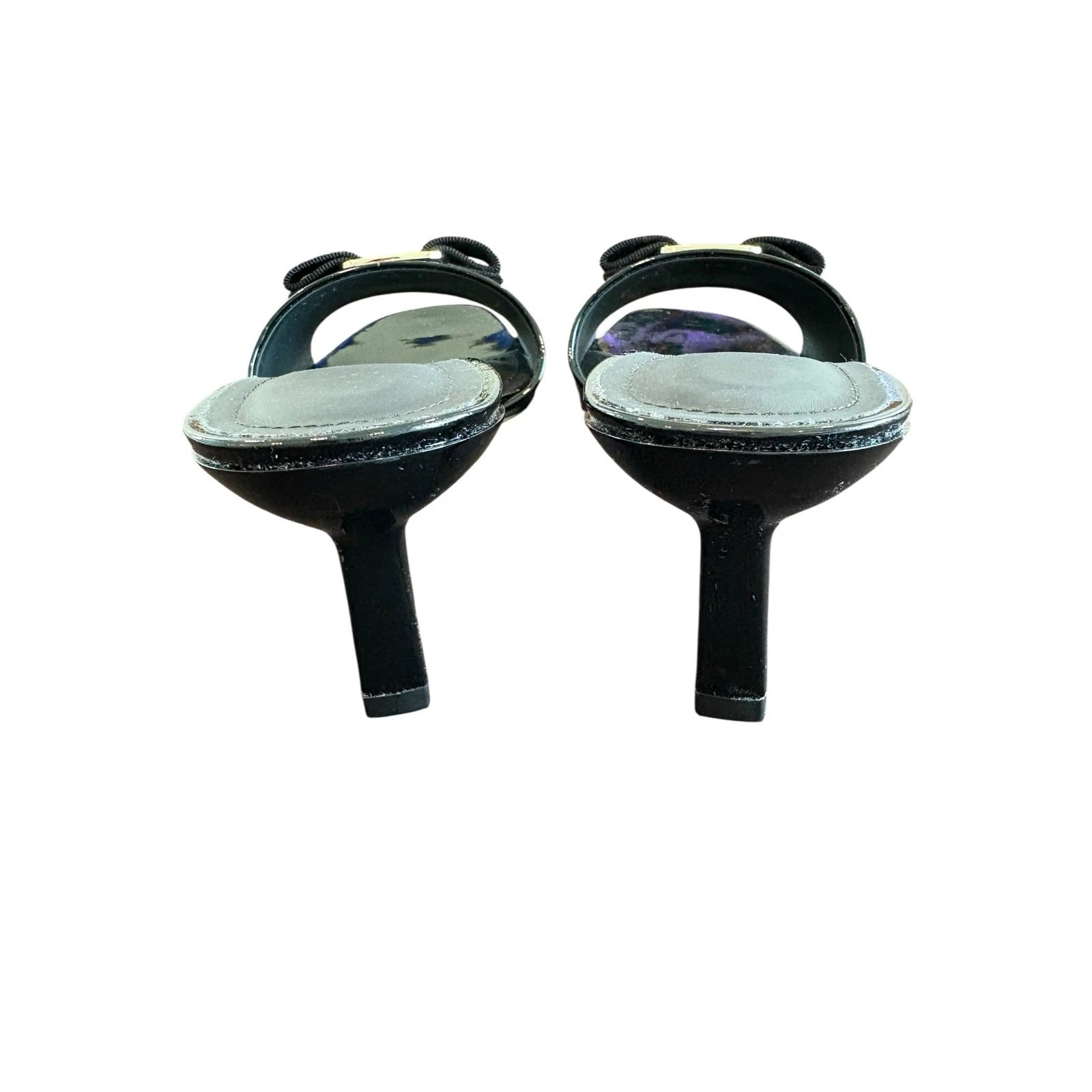 Salvatore Ferragamo Glo Sandals Kitten Heel Vara Bow Slide Patent Leather Sz 6.5