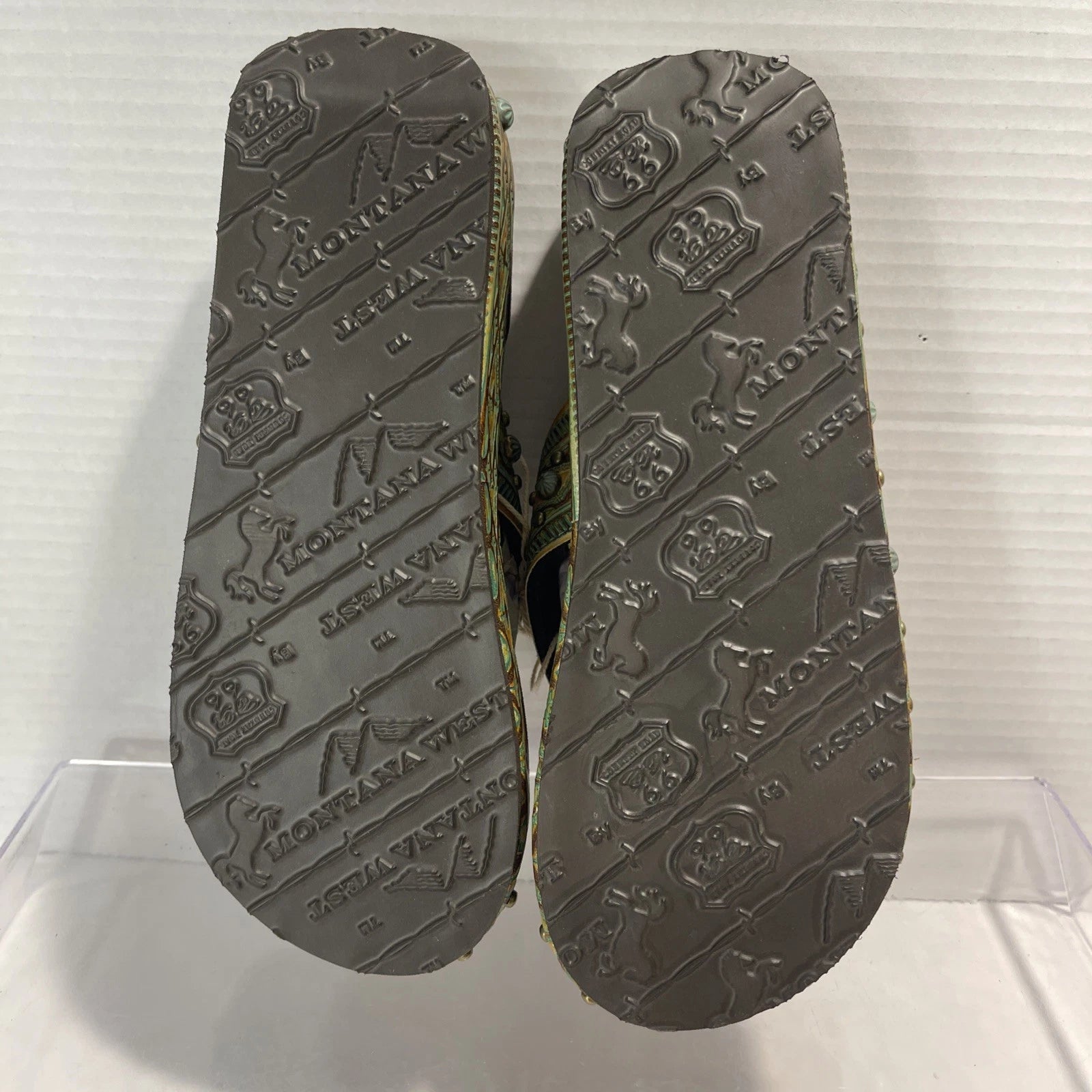 Montana West Green/Brown Embossed Studs Western Style Wedge Sandals Sz8-8.5