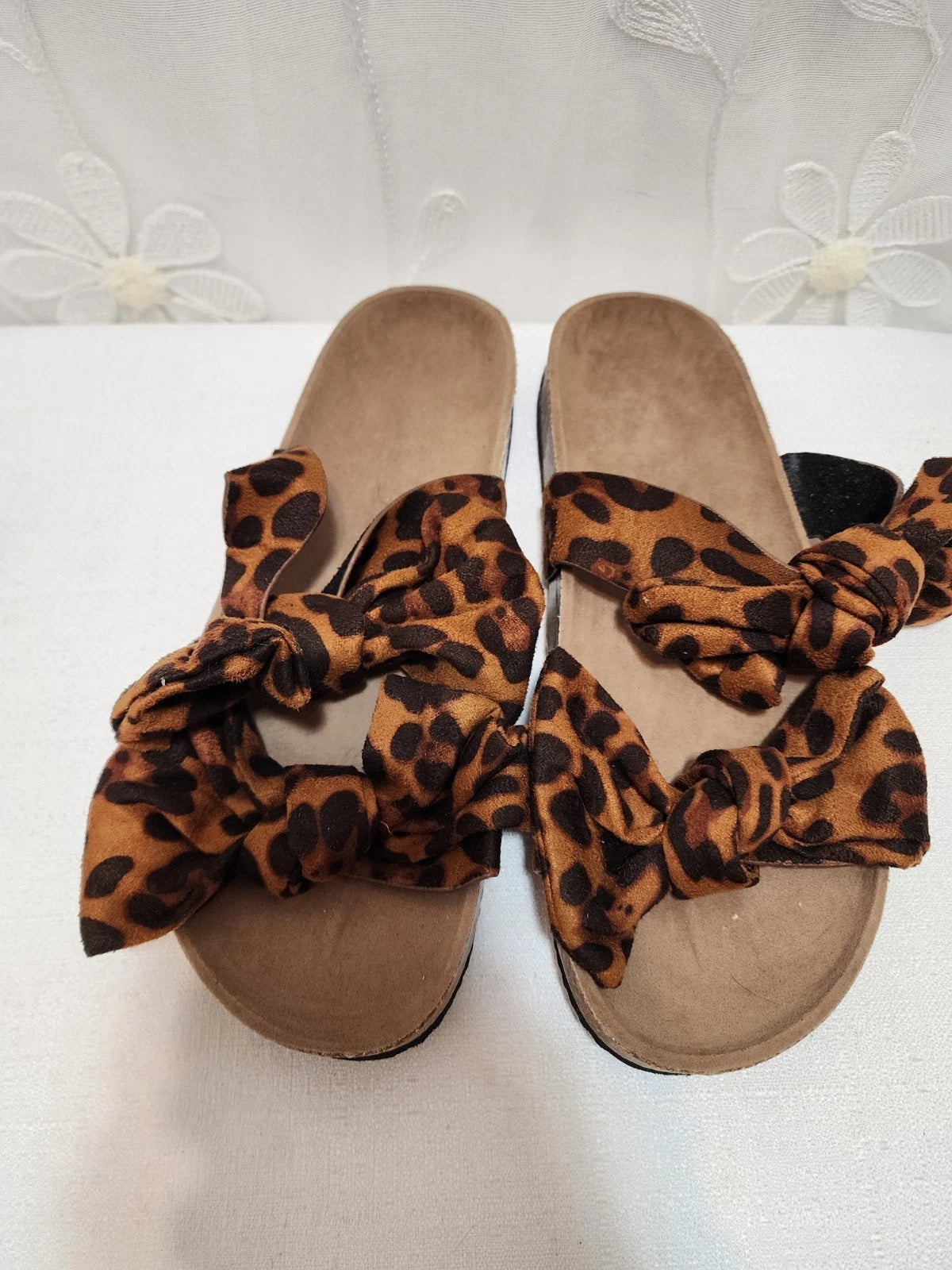 Women Size 9 Brown Sandals Bowknot Cork Leopard Cheetah Spring Summer Fashion