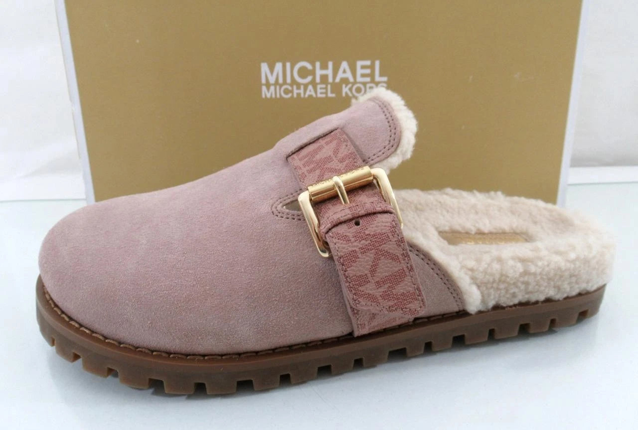 Michael Kors Judd Closed Toe Suede Lug Sole Slide MK Logo Fawn Light Pink Size 7