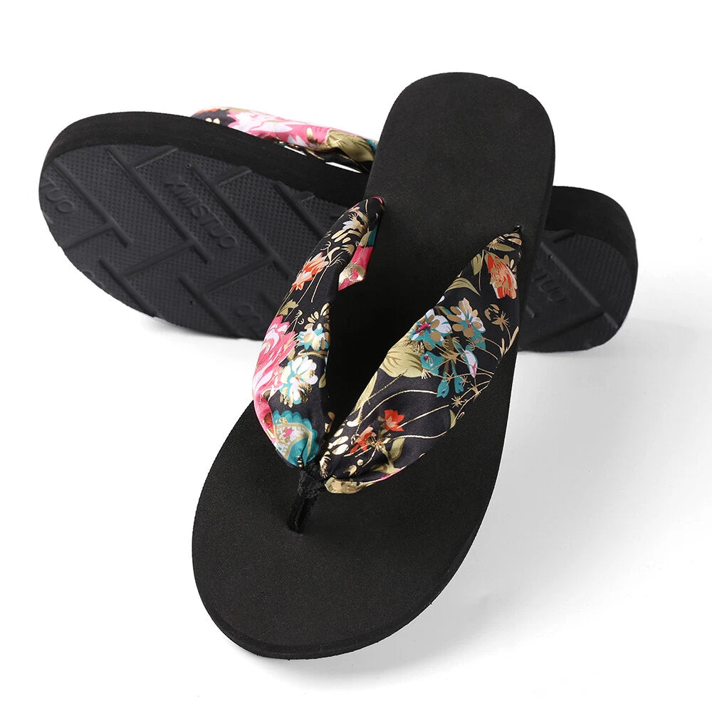 Women Fashion Floral Thong Flip Flops Summer Beach Anti Slip Black Sandals 7-8