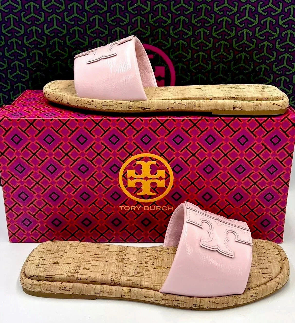 TORY BURCH DOUBLE T SPORT SLIDE SANDAL PATENT LEATHER PETUNIA/NATURAL SZ 10 NIB