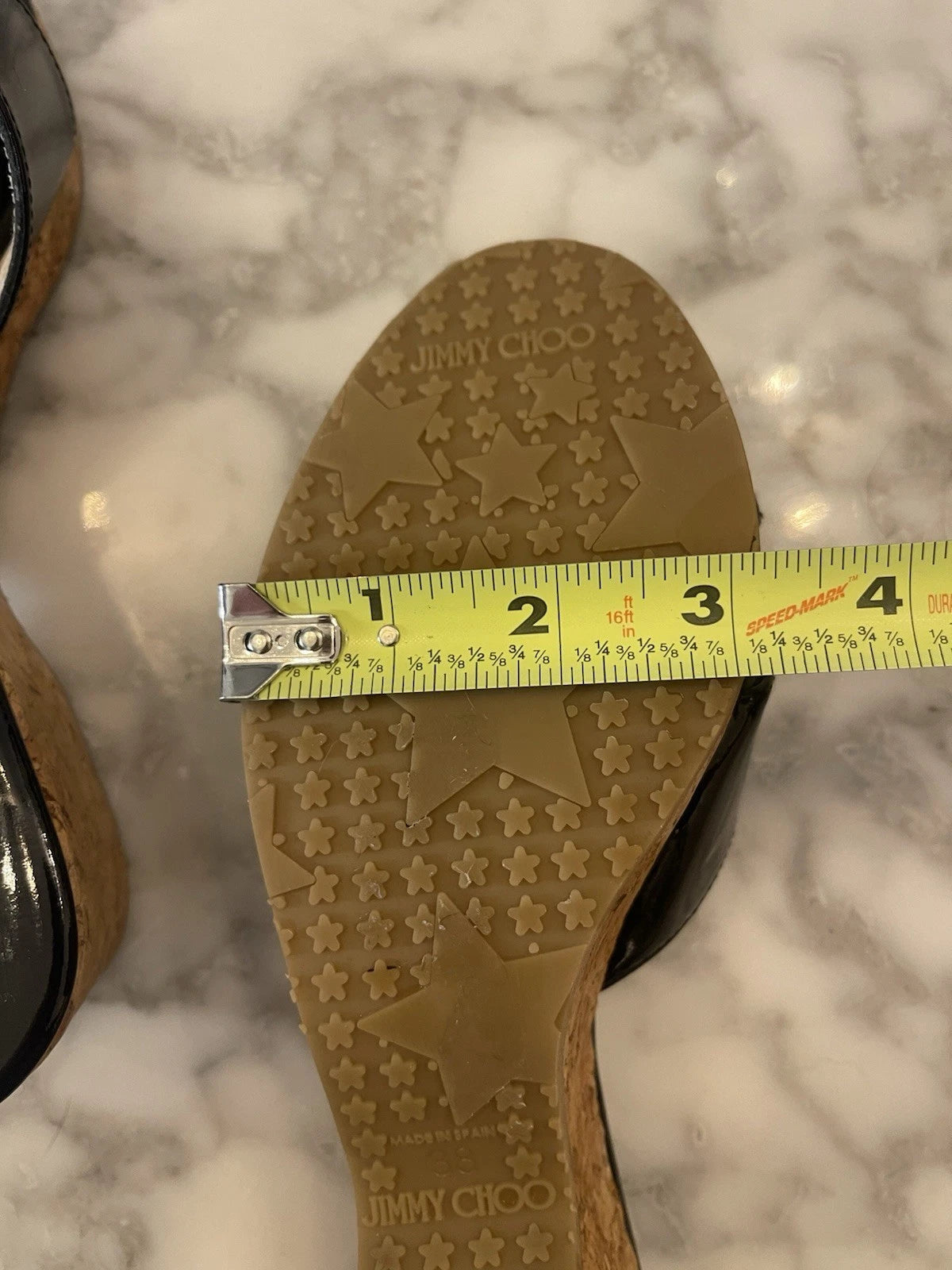 Jimmy Choo Black Patent Leather Pandra Sandal Cork Wedges, Gold Toe, Size 37/7