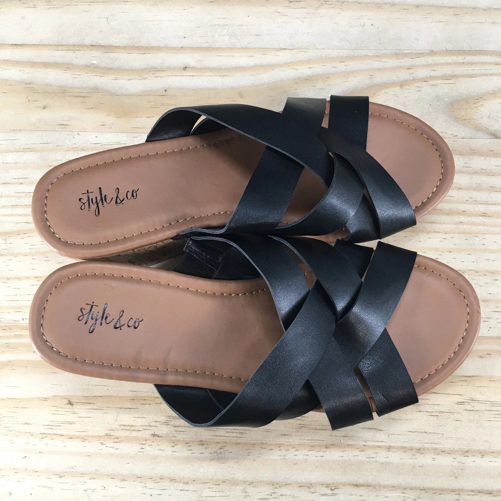 Style & Co. Sandals Womens 8 M Violette Wedge Slides Black Faux Leather Cork NEW