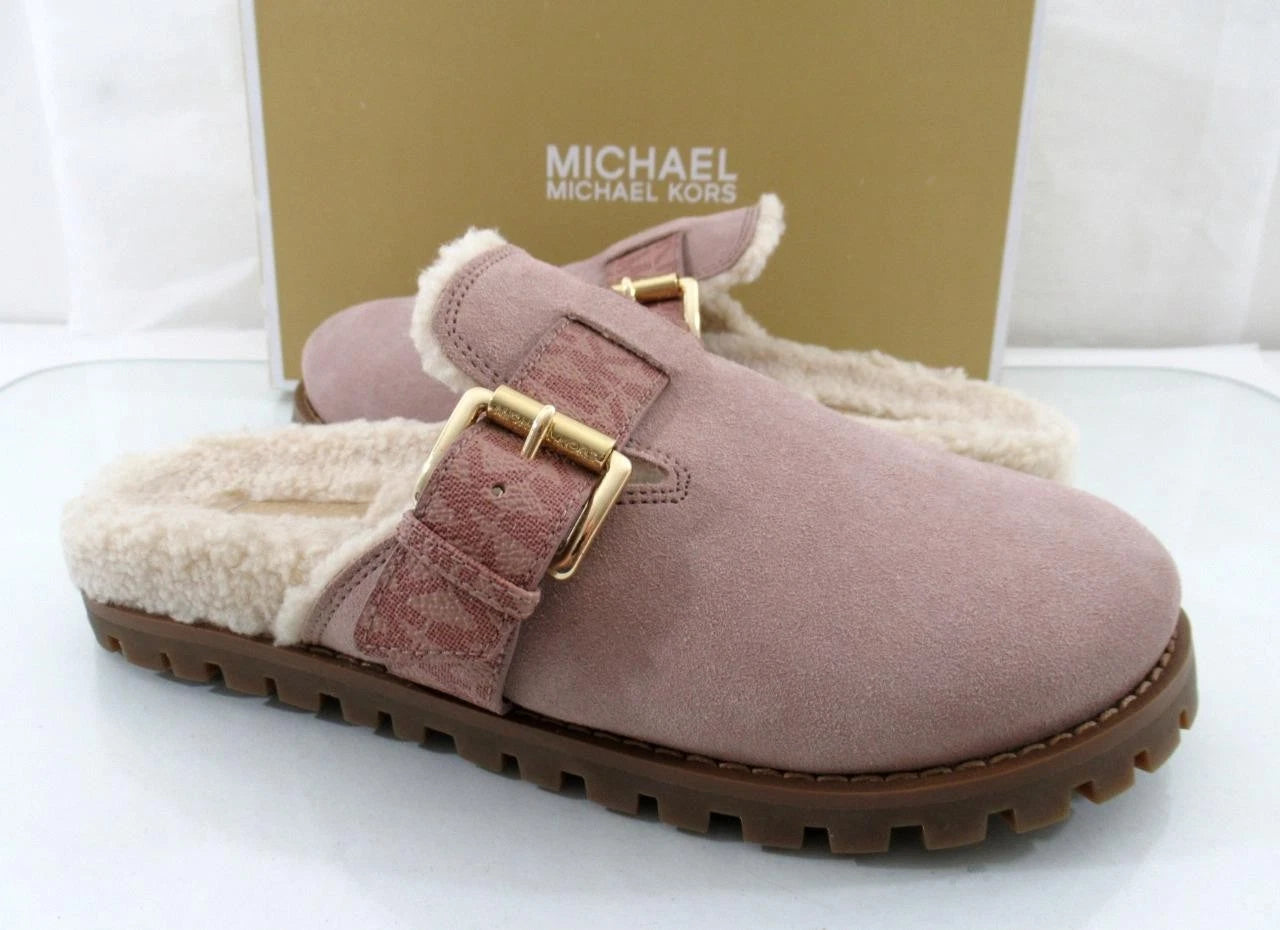 Michael Kors Judd Closed Toe Suede Lug Sole Slide MK Logo Fawn Light Pink Size 7