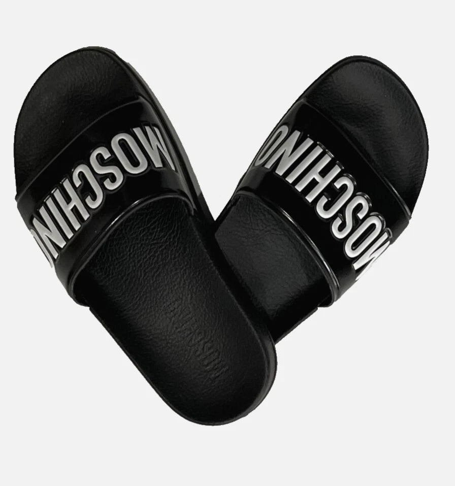 Moschino women's Logo Rubber Flat Slide Sandals - size 35 / US 5 - Black