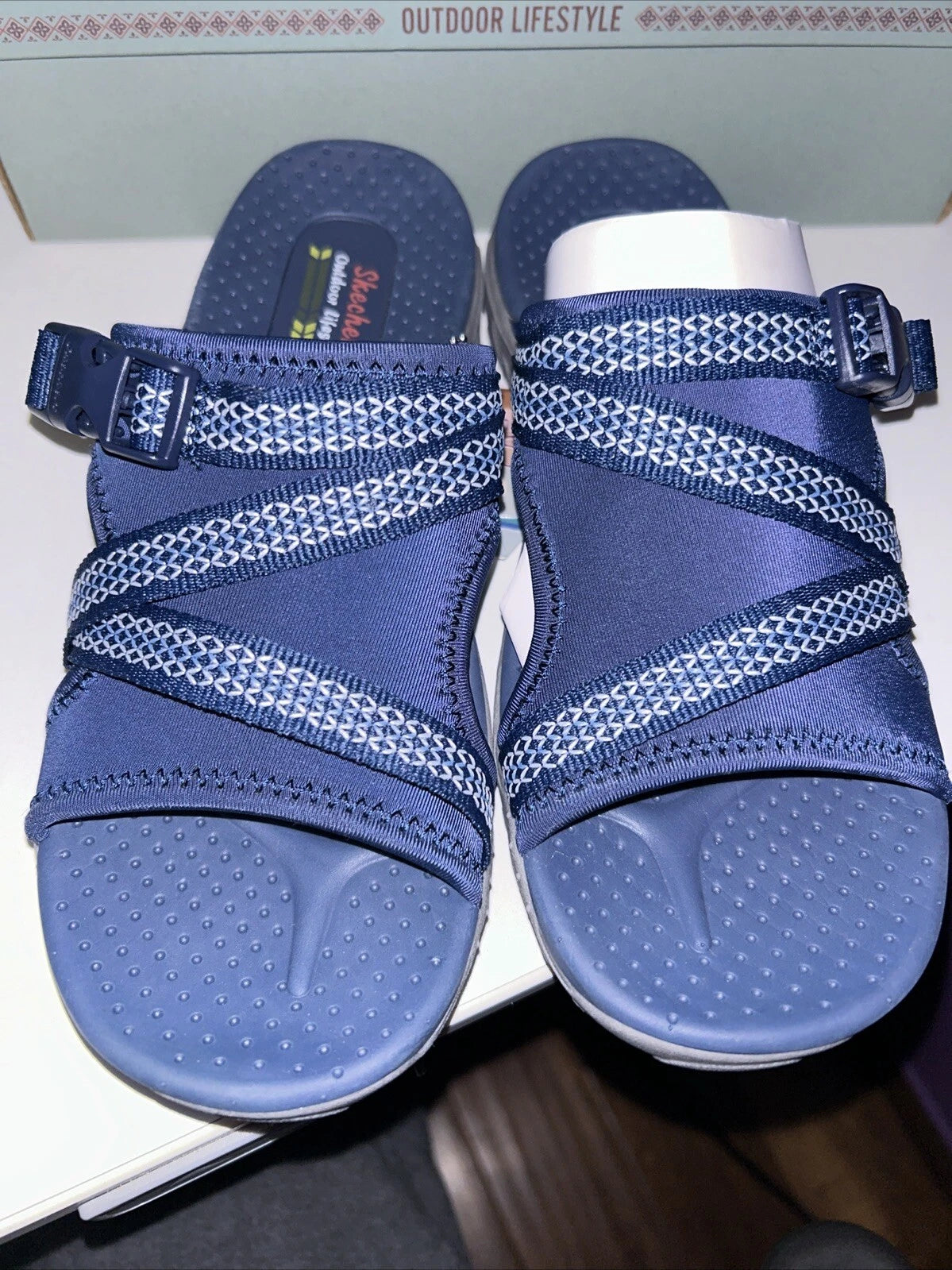 NWB Skechers Women's Reggae Slide Thru NAVY Slide Sandals Size 7 Style 163348