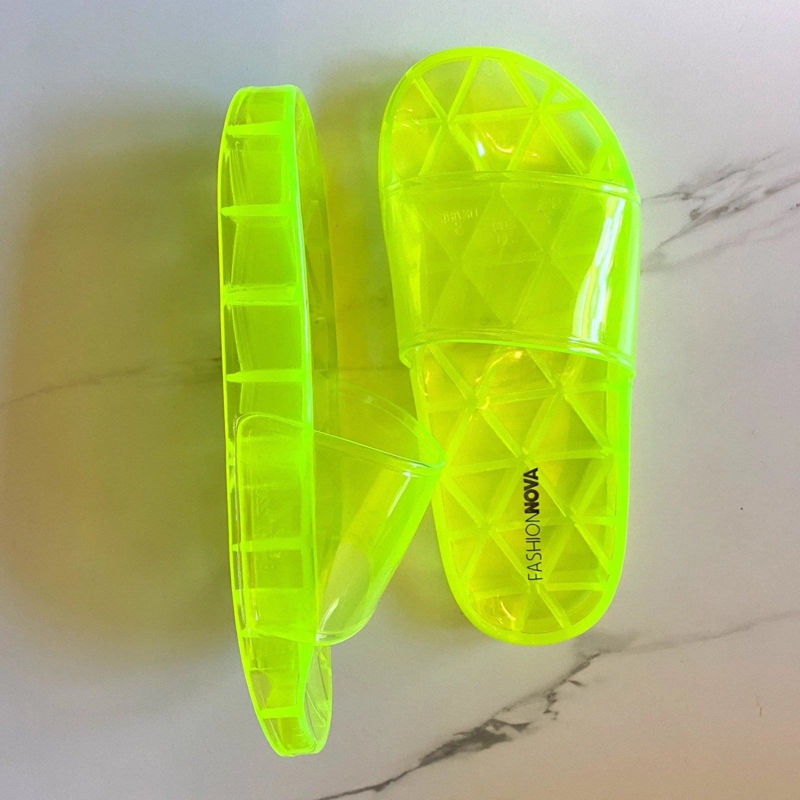 New Vegan Fashion Nova 7 Neon Yellow Jelly Slide Sandals Crystal Green Slip On