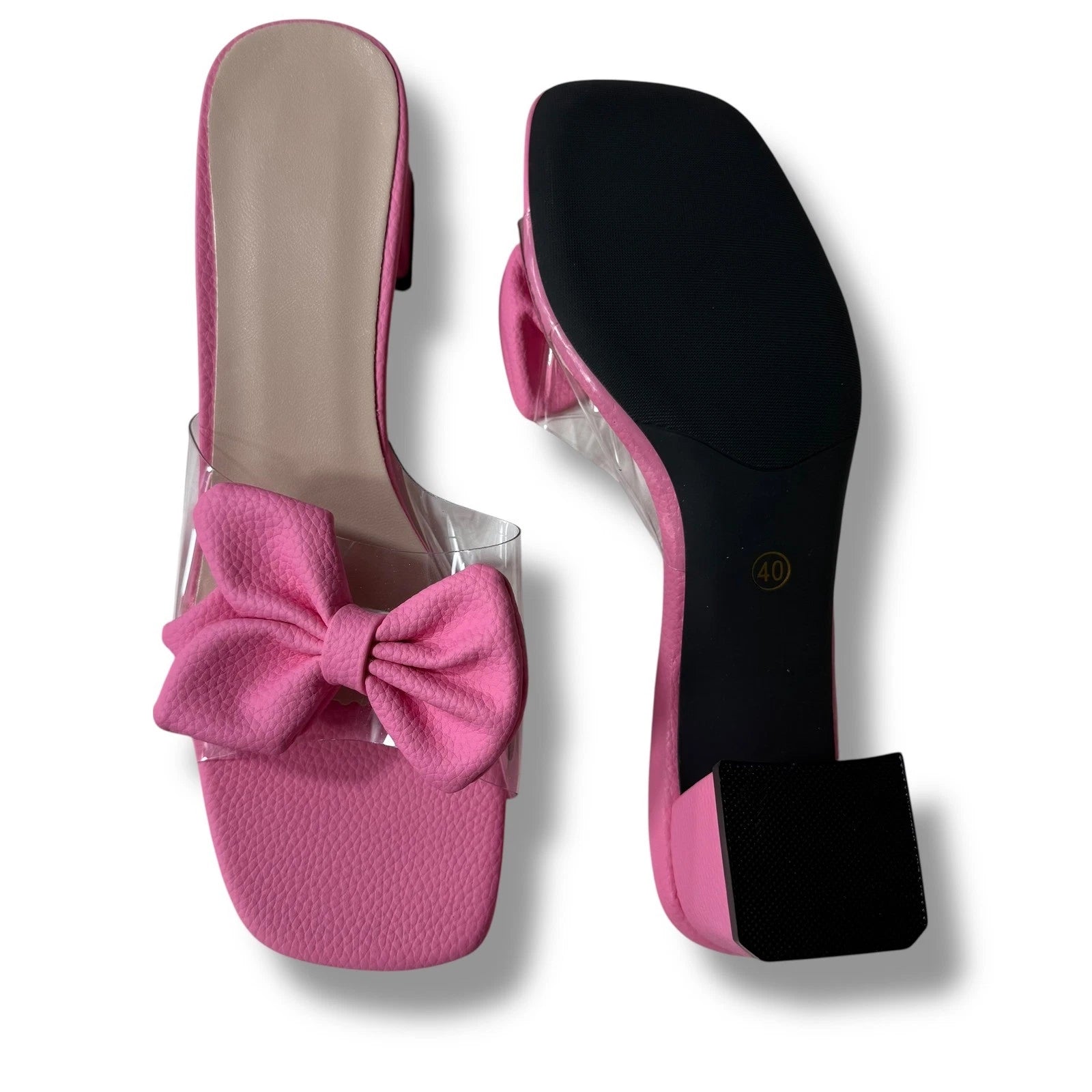 Pink Flower Sandals Slide Clear transparent Strap Block Heels Women's Sz 40/9