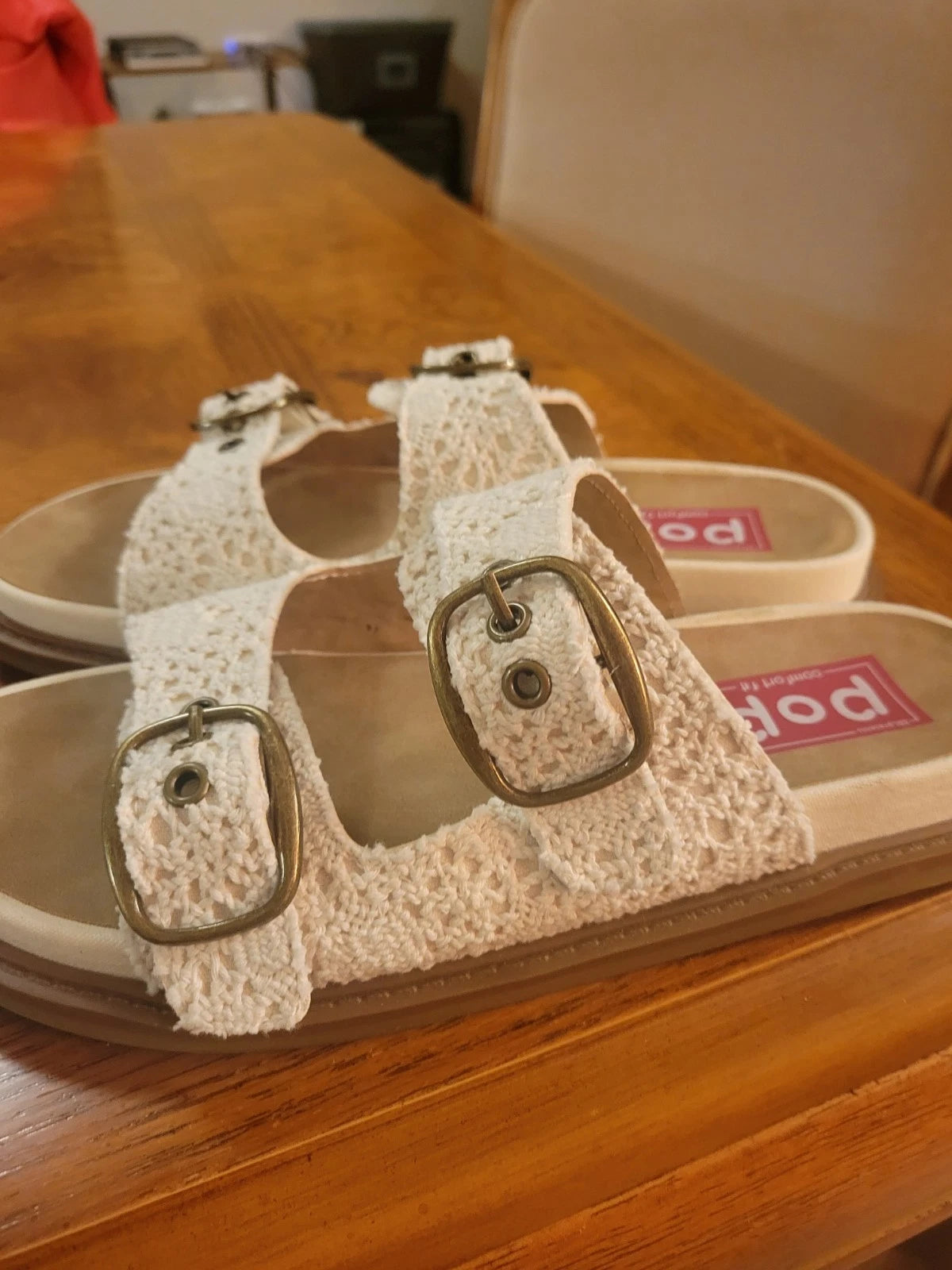 Ivory Macrame Style Slide Sandals By POP Sz 8.5. Exceptionally Clean!!