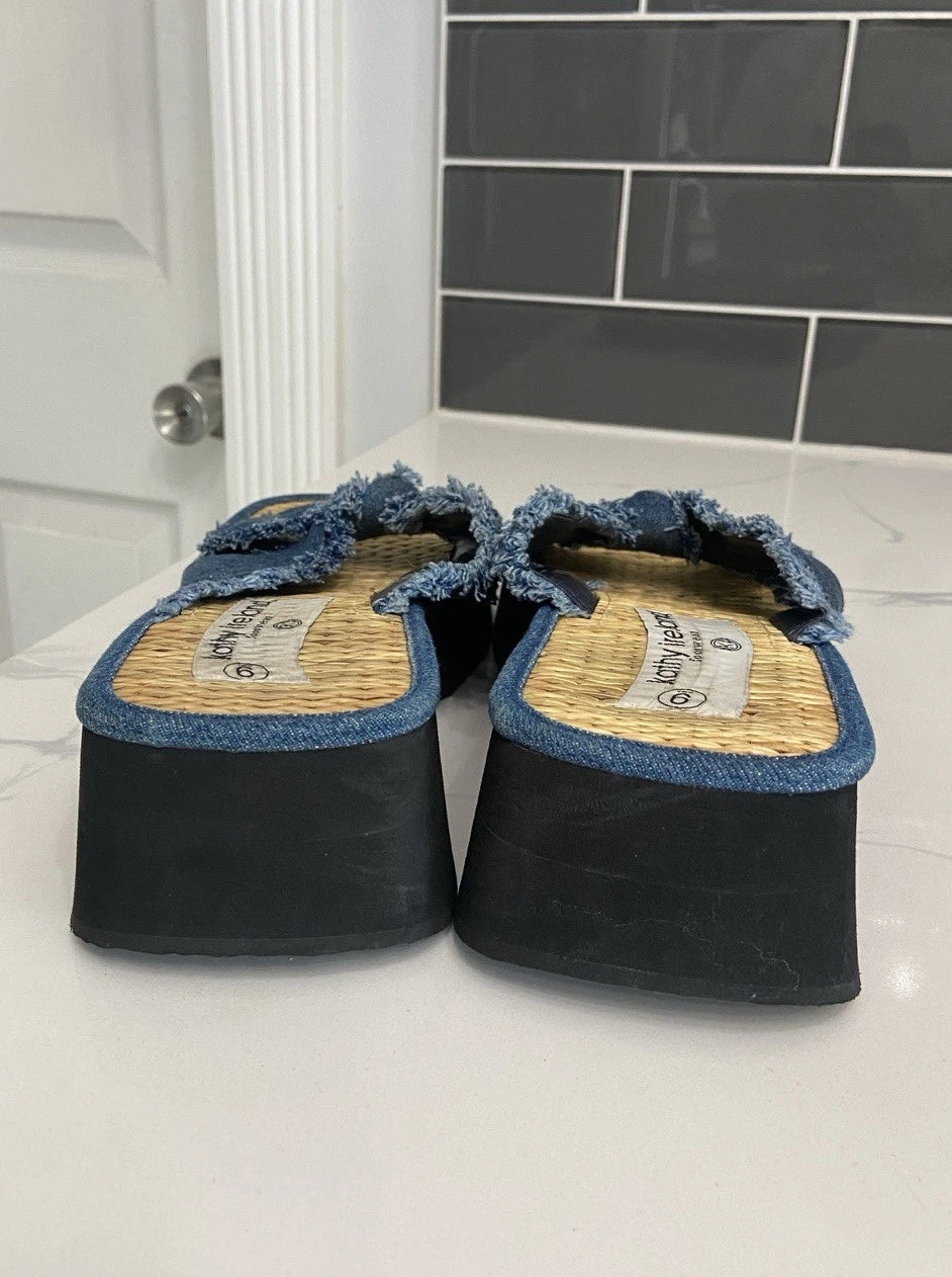 Kathy Ireland Blue Plato Slide Sandals with Denim Style Knot Size 9 Y2K