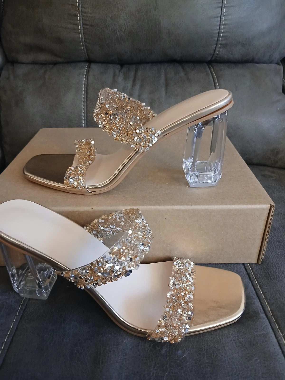 Sandal Heels Womens Slides BLING SPARKLE FASHION Heels NEW EU 42 USA 10 #1075