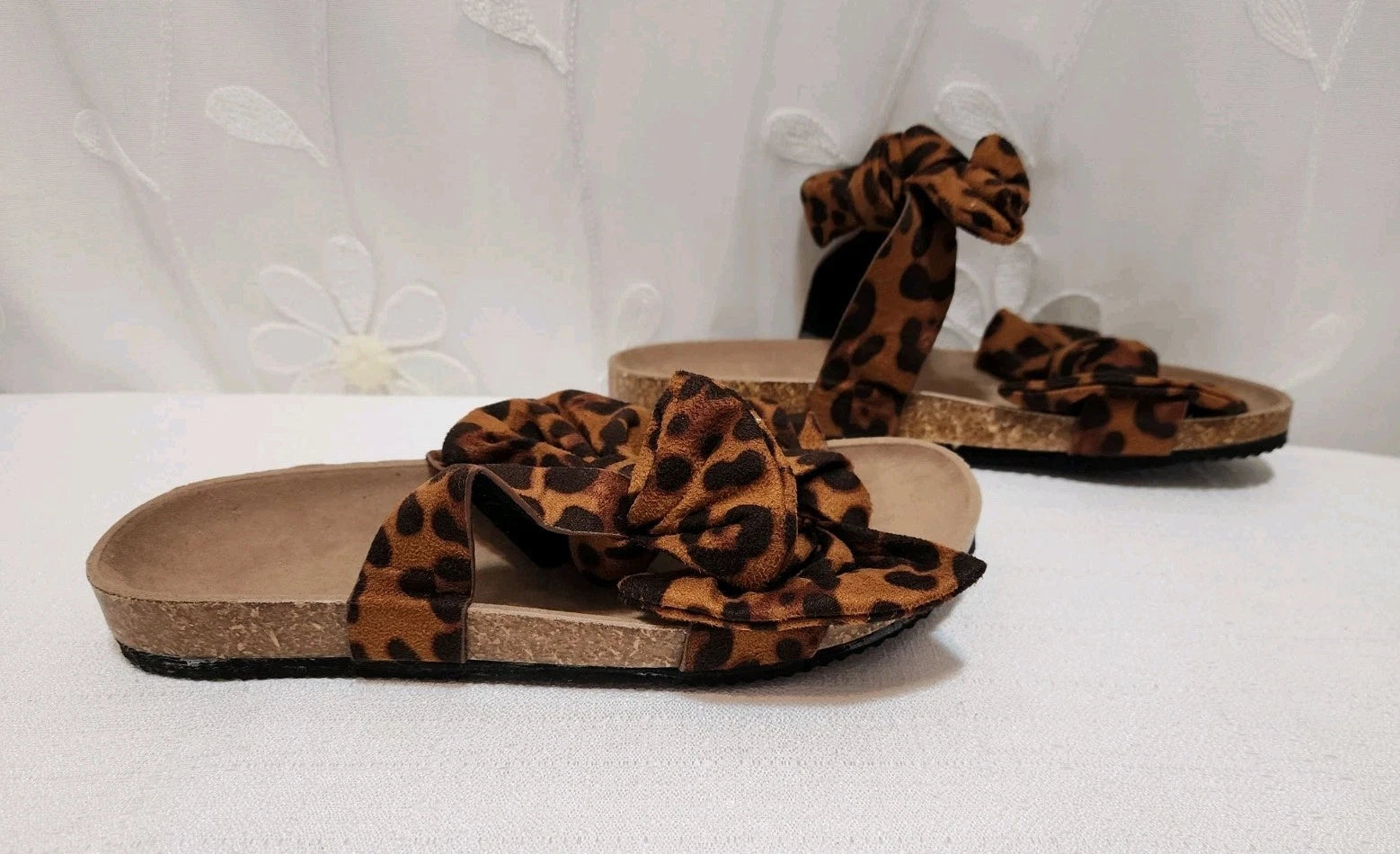 Women Size 9 Brown Sandals Bowknot Cork Leopard Cheetah Spring Summer Fashion