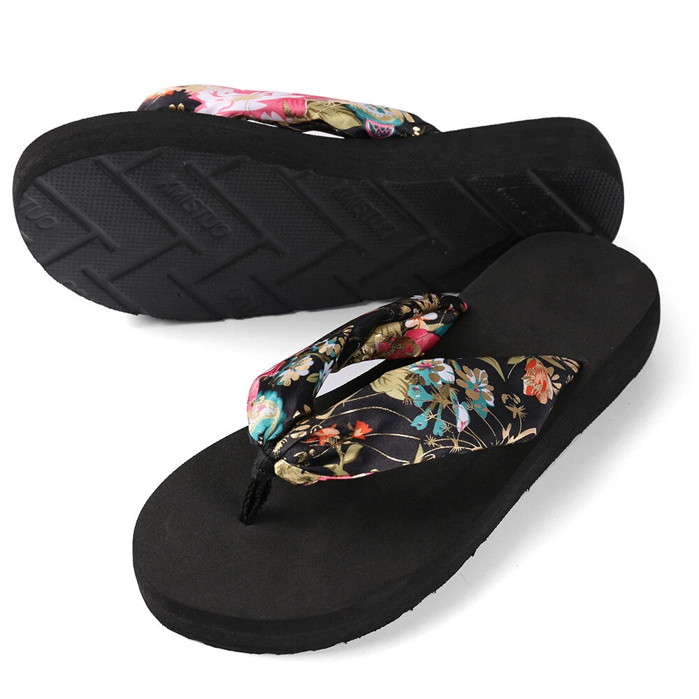 Women Fashion Floral Thong Flip Flops Summer Beach Anti Slip Black Sandals 7-8