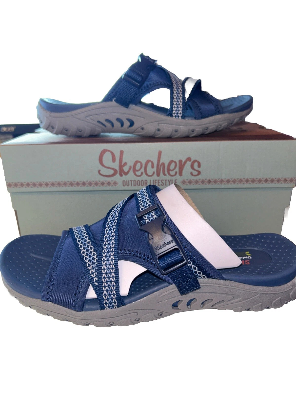NWB Skechers Women's Reggae Slide Thru NAVY Slide Sandals Size 7 Style 163348