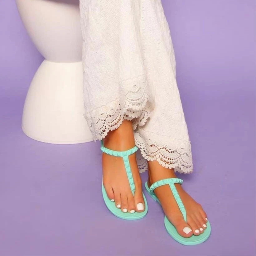 New 6 Fashion Nova Mint Green Studded T-Strap Matte Slide Sandals Pastel Flats