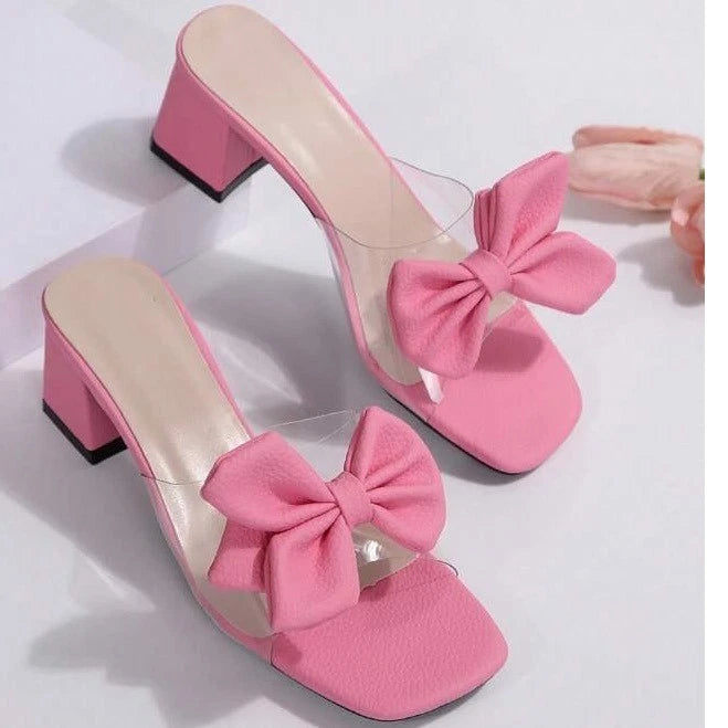 Pink Flower Sandals Slide Clear transparent Strap Block Heels Women's Sz 40/9