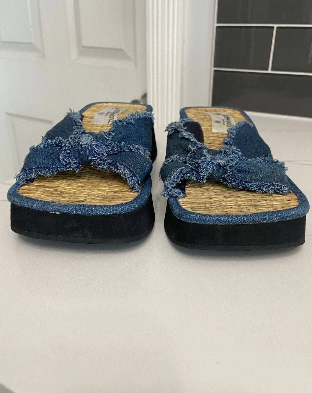 Kathy Ireland Blue Plato Slide Sandals with Denim Style Knot Size 9 Y2K