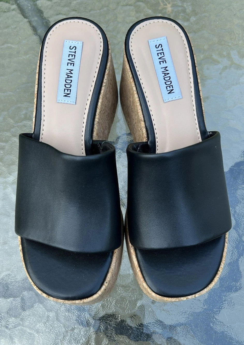 Steve Madden Women’s 7.5 Black Leather Chippy Platform Y2K Style Wedge Shoes