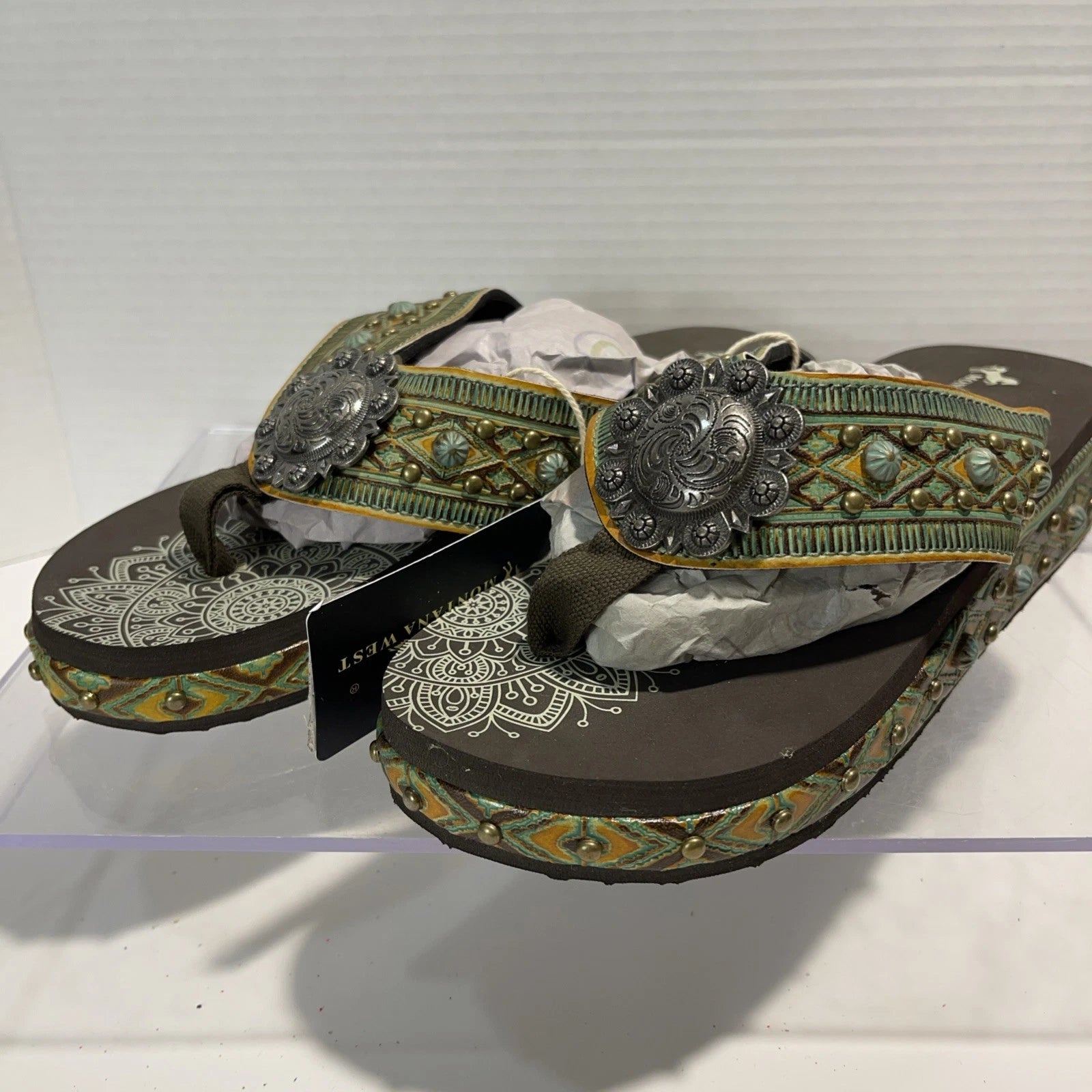 Montana West Green/Brown Embossed Studs Western Style Wedge Sandals Sz8-8.5