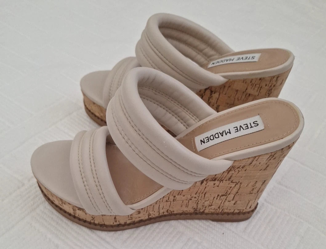 STEVE MADDEN Neutral Boho, Bohemian Style Light Nude Slide on Cork Wedges sz.7M