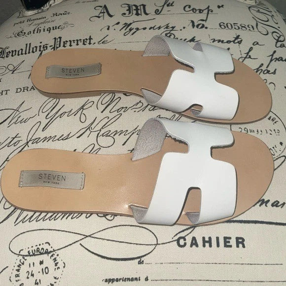 STEVE MADDEN STEVE Greece White Leather Slide Sandals H Oran Style Slip On Sz 11