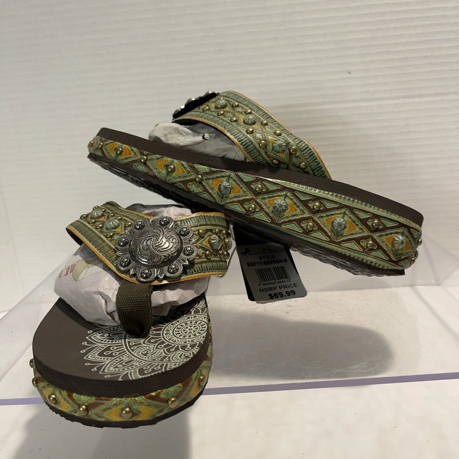 Montana West Green/Brown Embossed Studs Western Style Wedge Sandals Sz8-8.5