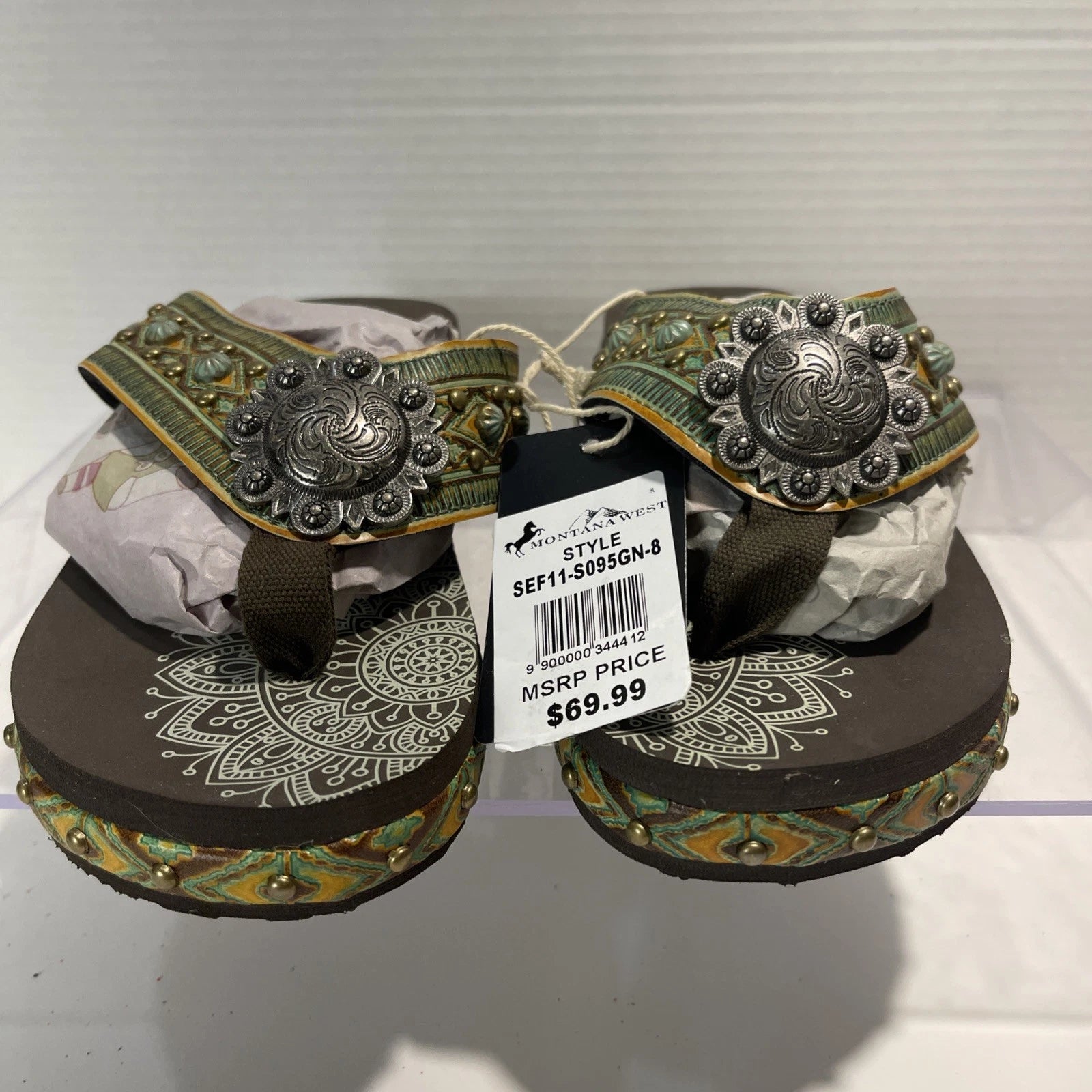 Montana West Green/Brown Embossed Studs Western Style Wedge Sandals Sz8-8.5