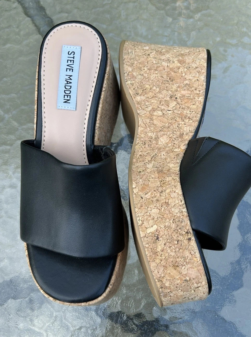 Steve Madden Women’s 7.5 Black Leather Chippy Platform Y2K Style Wedge Shoes