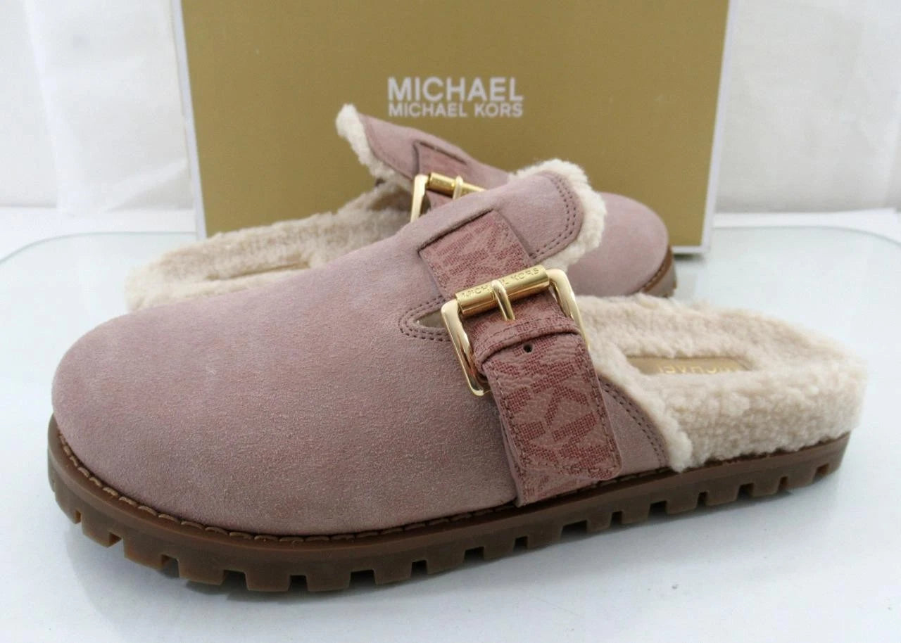 Michael Kors Judd Closed Toe Suede Lug Sole Slide MK Logo Fawn Light Pink Size 7