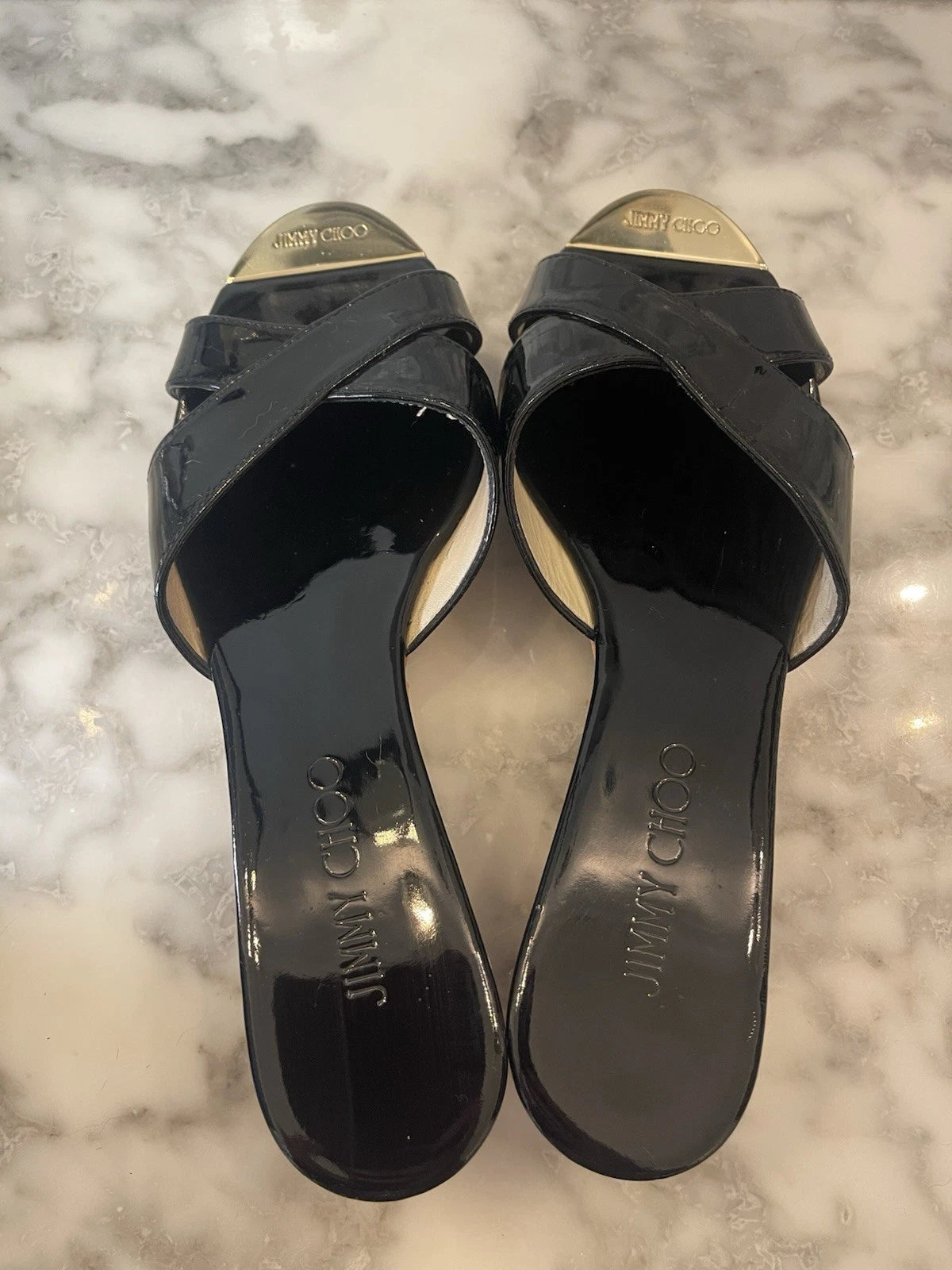 Jimmy Choo Black Patent Leather Pandra Sandal Cork Wedges, Gold Toe, Size 37/7