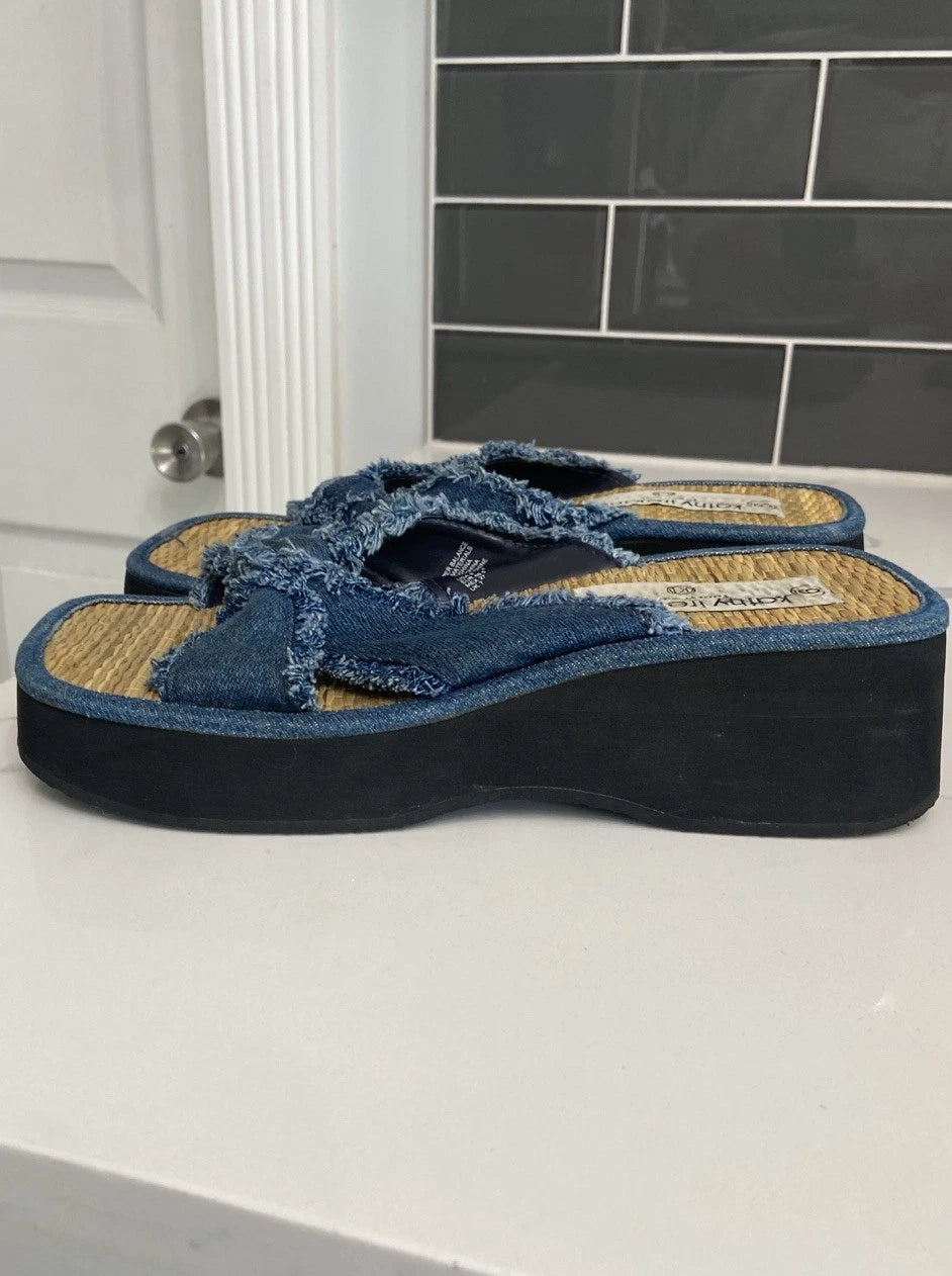 Kathy Ireland Blue Plato Slide Sandals with Denim Style Knot Size 9 Y2K