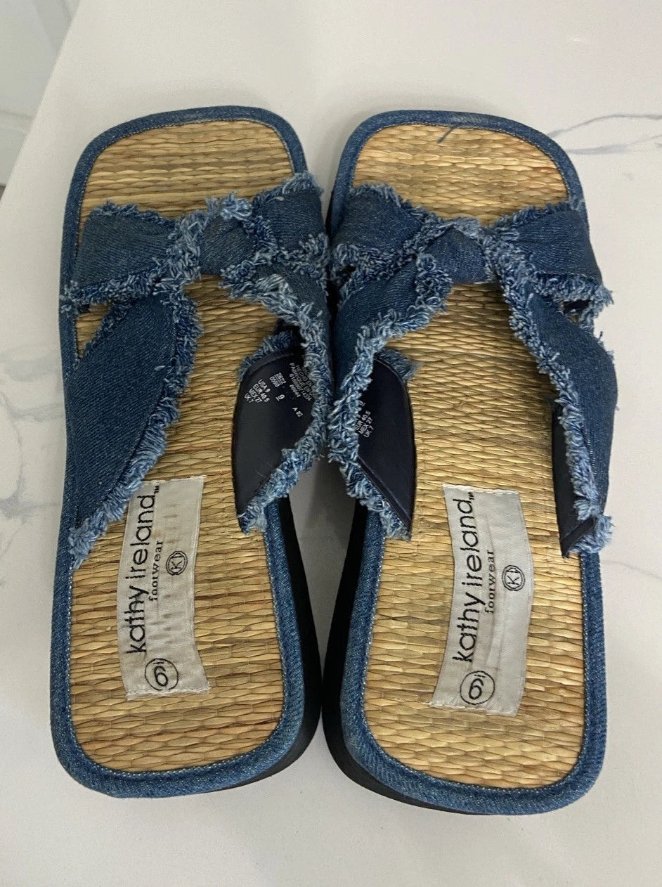 Kathy Ireland Blue Plato Slide Sandals with Denim Style Knot Size 9 Y2K