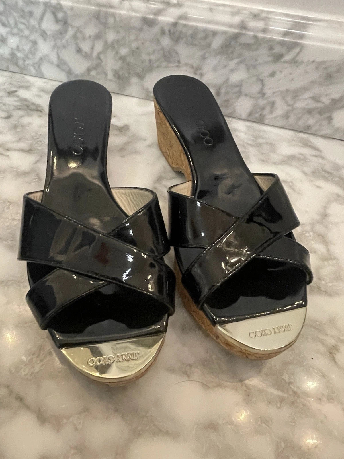 Jimmy Choo Black Patent Leather Pandra Sandal Cork Wedges, Gold Toe, Size 37/7