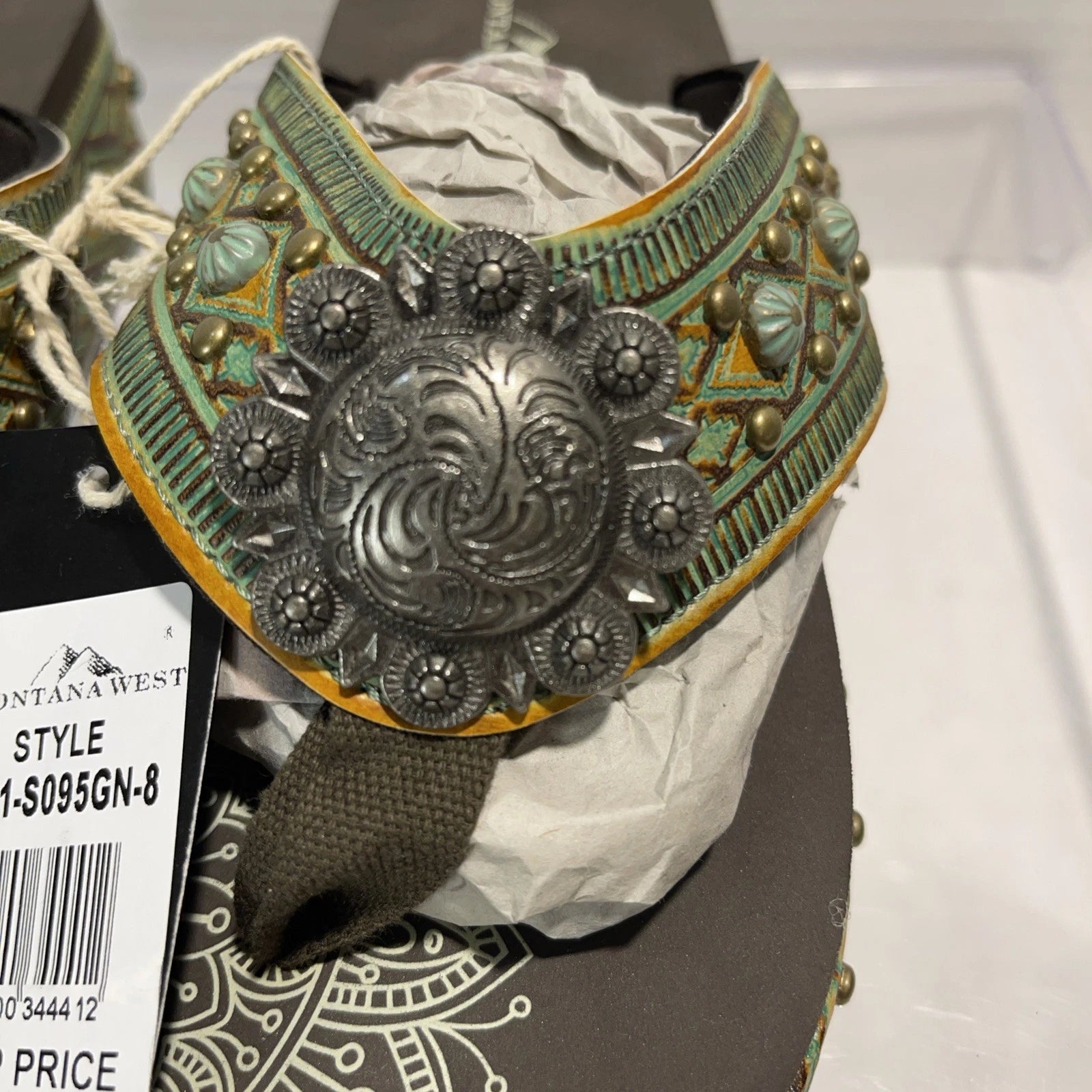 Montana West Green/Brown Embossed Studs Western Style Wedge Sandals Sz8-8.5