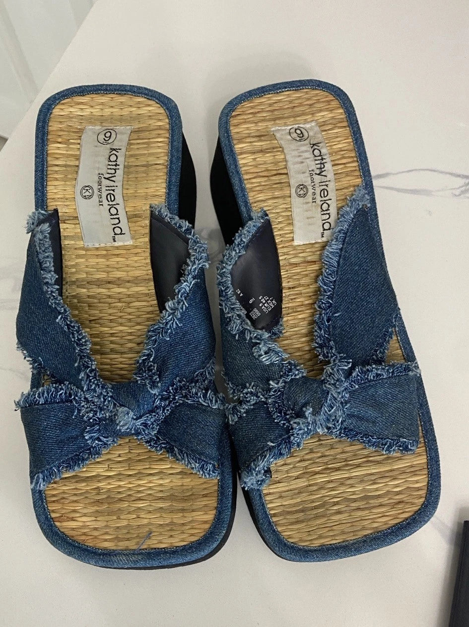 Kathy Ireland Blue Plato Slide Sandals with Denim Style Knot Size 9 Y2K
