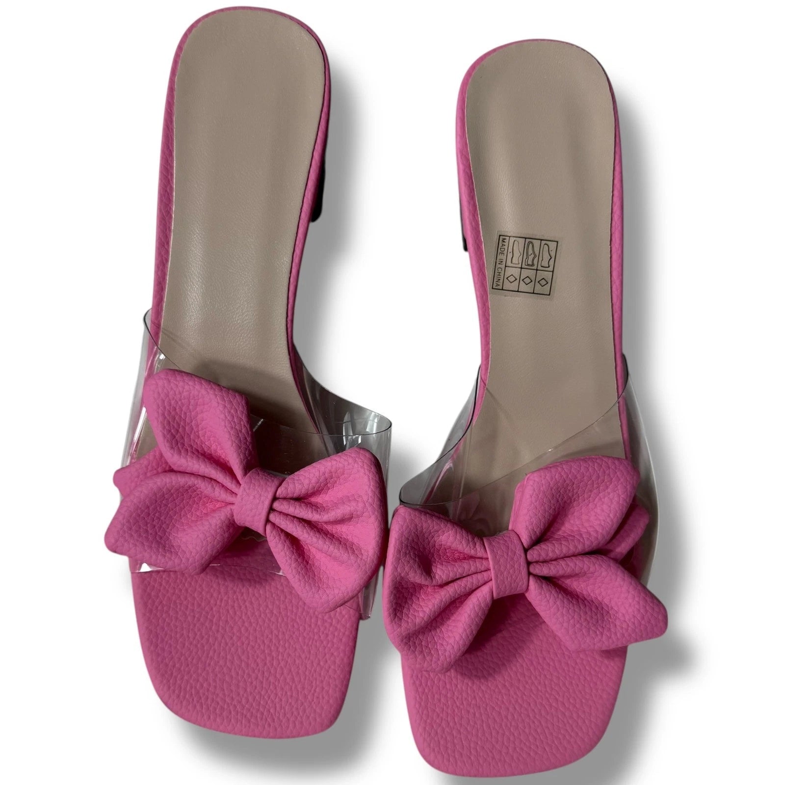 Pink Flower Sandals Slide Clear transparent Strap Block Heels Women's Sz 40/9