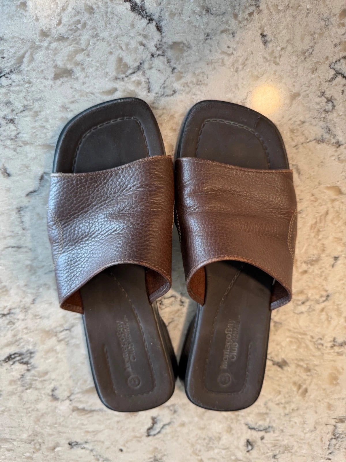Vtg Montego Bay Club Leather Slides Sandals Brown Womens Sz 8W Wide Shoes