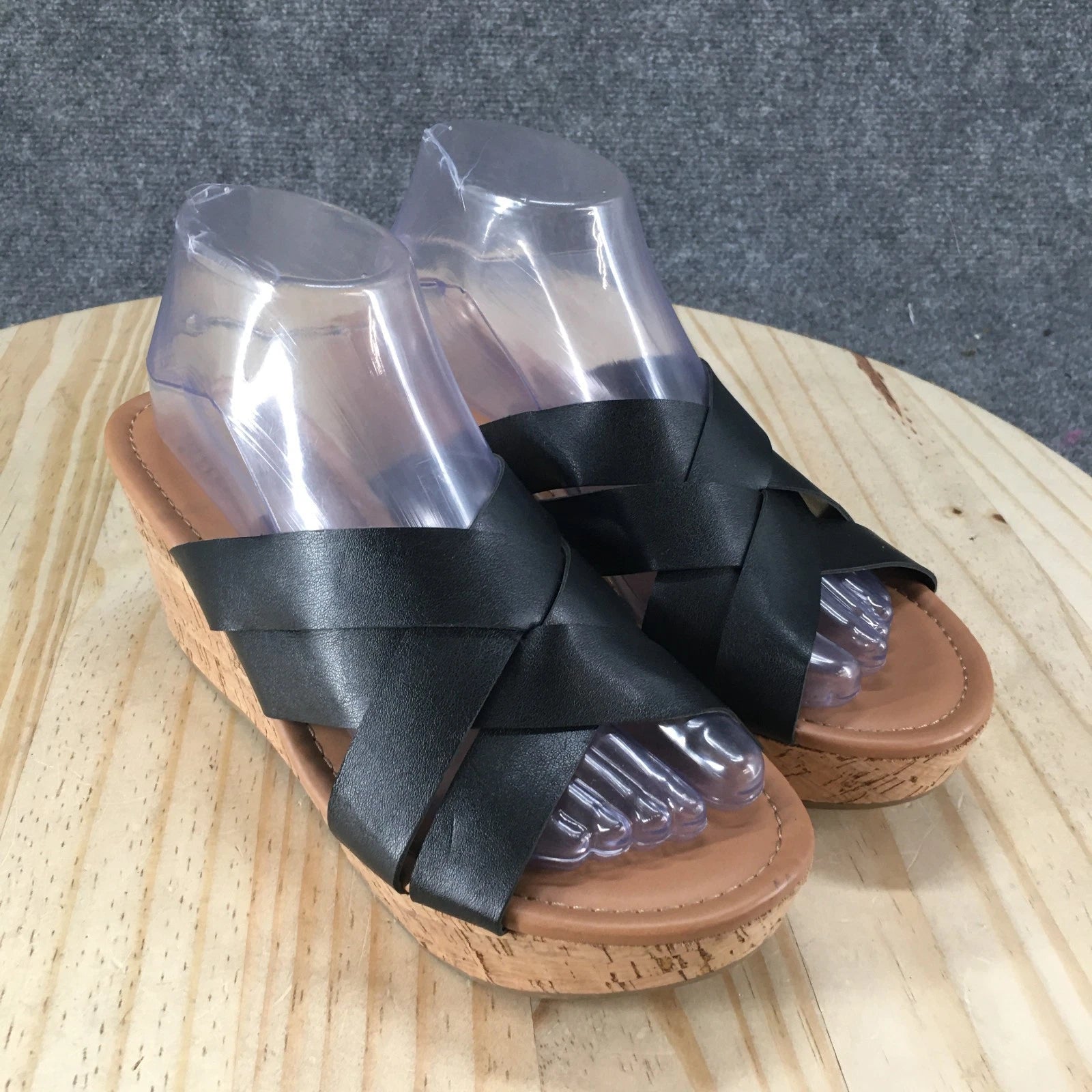 Style & Co. Sandals Womens 8 M Violette Wedge Slides Black Faux Leather Cork NEW