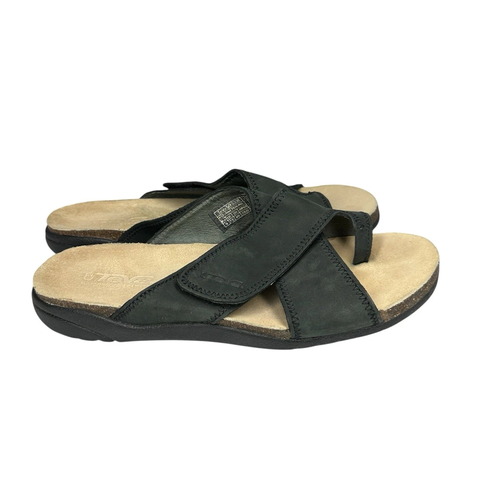 Teva Sandals Black Leather Casual Cork Strap Slides Womens Sz 9 Style 6334