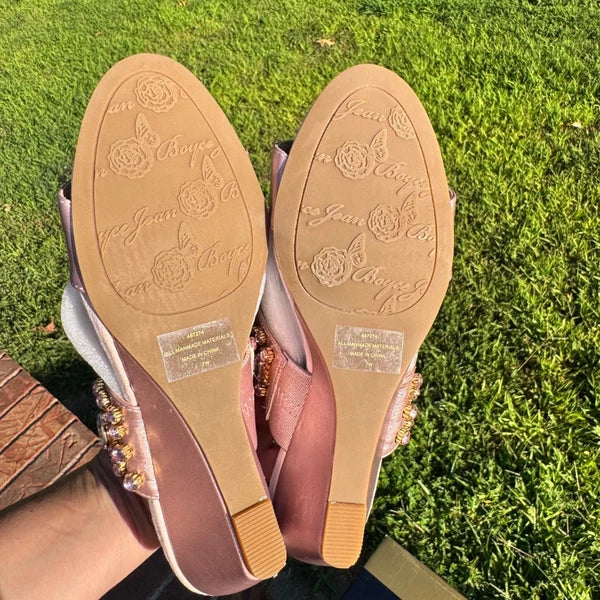 Joan Boyce Rosegold Jeweled Wedge Slides Size 7W Embellished Sandals New in Box