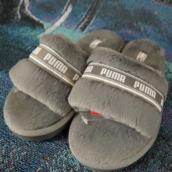 Women's Puma Fluff Faux Fur Flip Flops Gray Fashion Fenty