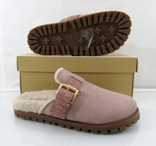 Michael Kors Judd Closed Toe Suede Lug Sole Slide MK Logo Fawn Light Pink Size 7