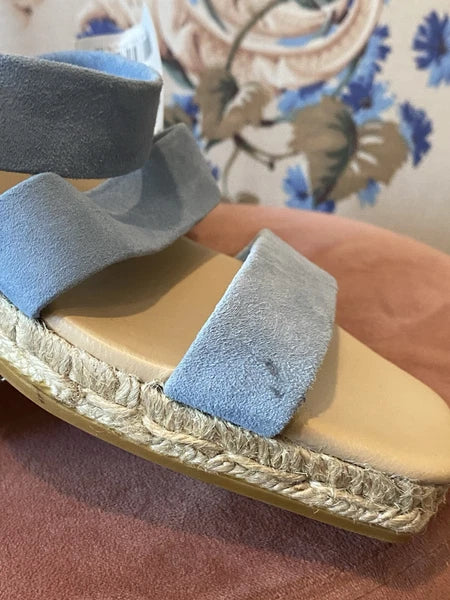 NEW Gaimo Baby Blue Suede Wedge Heels Slide On Strap Espadrille Sandals Sz 38